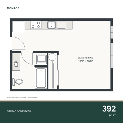 Floor plan for studio, 1 bath, 392 sqft